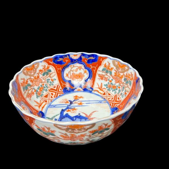 Imari Style Porcelain Bowl Blue Red Floral Scalloped Edge Vintage 4.25 Tall - Picture 2 of 14